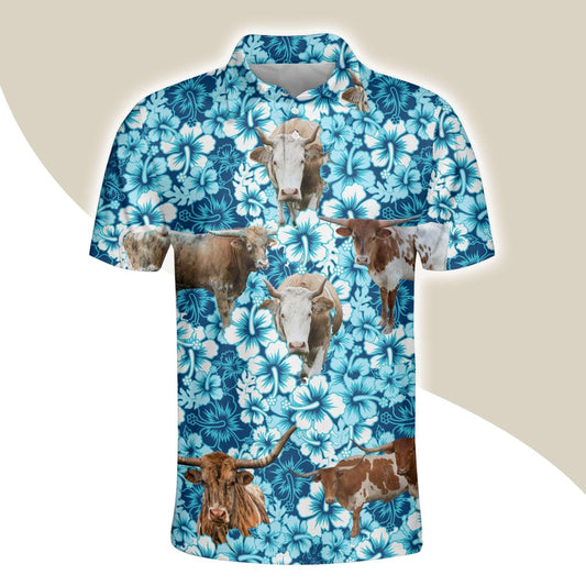 Texas Longhorn Men Polo Shirts - Texas Longhorn Blue Hibiscus Pattern Button Shirts For Men - Perfect Gift For Texas Longhorn Lovers, Cattle Lovers - Amzanimalsgift