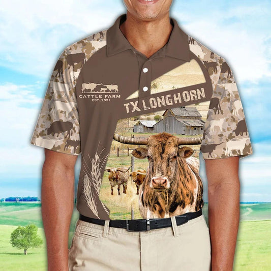 Texas Longhorn Men Polo Shirts - Texas Longhorn Camo Pattern Polo Shirts For Men - Perfect Gift For Texas Longhorn Lovers, Cattle Lovers - Amzanimalsgift