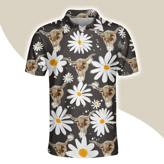 Texas Longhorn Men Polo Shirts - Texas Longhorn Daisy Flower Pattern Shirts For Men - Perfect Gift For Texas Longhorn Lovers, Cattle Lovers - Amzanimalsgift