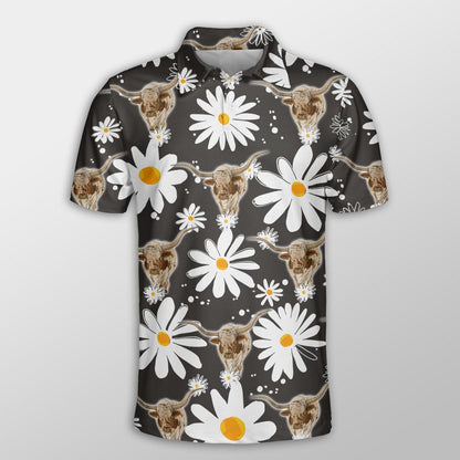 Texas Longhorn Men Polo Shirts - Texas Longhorn Daisy Flower Pattern Shirts For Men - Perfect Gift For Texas Longhorn Lovers, Cattle Lovers - Amzanimalsgift