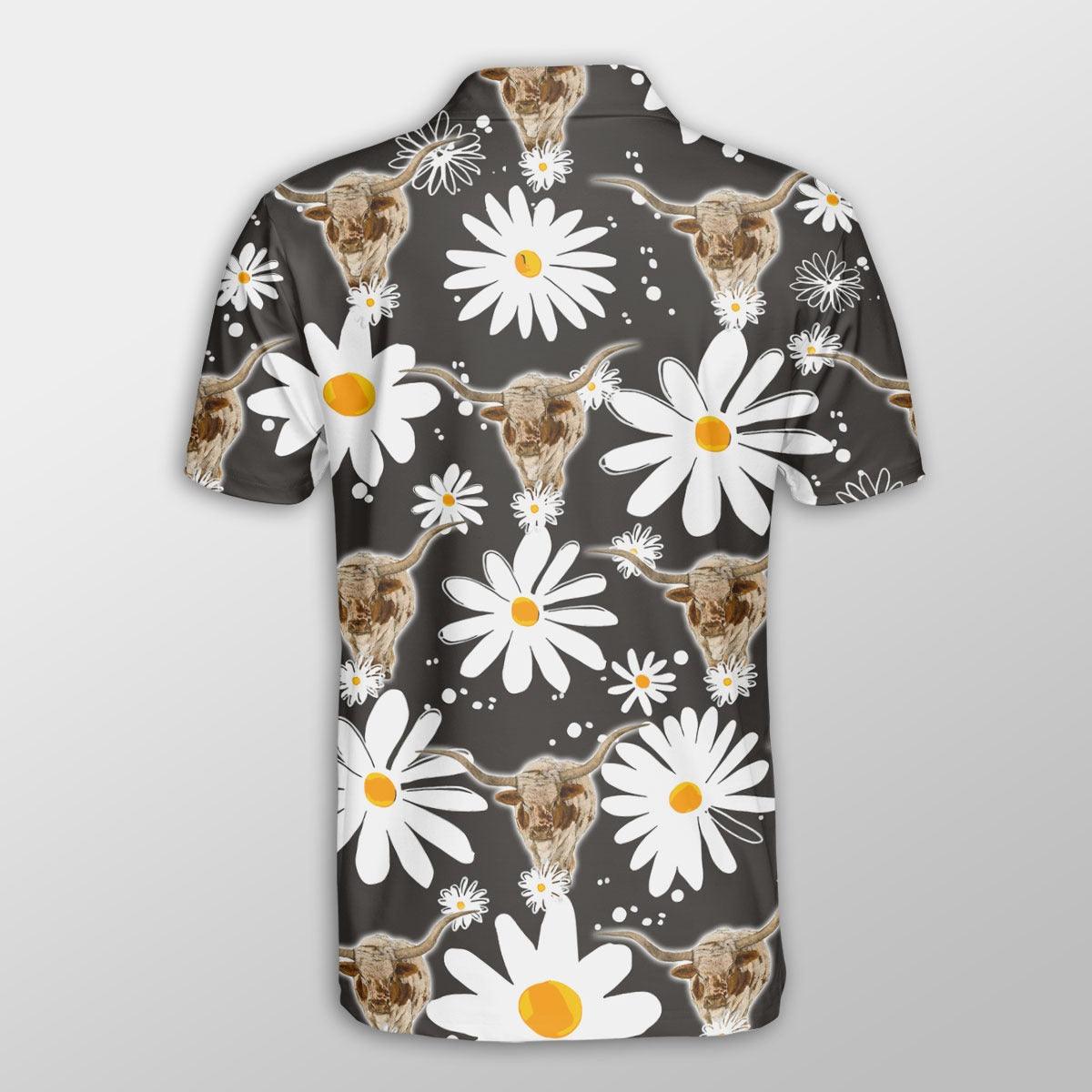 Texas Longhorn Men Polo Shirts - Texas Longhorn Daisy Flower Pattern Shirts For Men - Perfect Gift For Texas Longhorn Lovers, Cattle Lovers - Amzanimalsgift