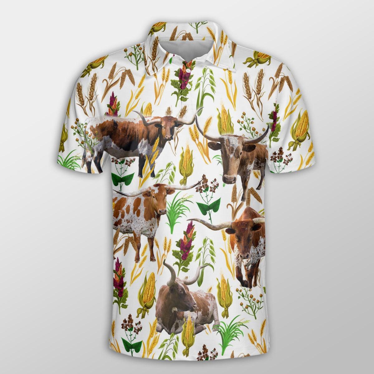 Texas Longhorn Men Polo Shirts - Texas Longhorn Farm Wheat Pattern Button Shirts For Men - Perfect Gift For Texas Longhorn Lovers, Cattle Lovers - Amzanimalsgift