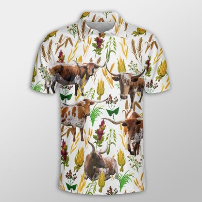 Texas Longhorn Men Polo Shirts - Texas Longhorn Farm Wheat Pattern Button Shirts For Men - Perfect Gift For Texas Longhorn Lovers, Cattle Lovers - Amzanimalsgift