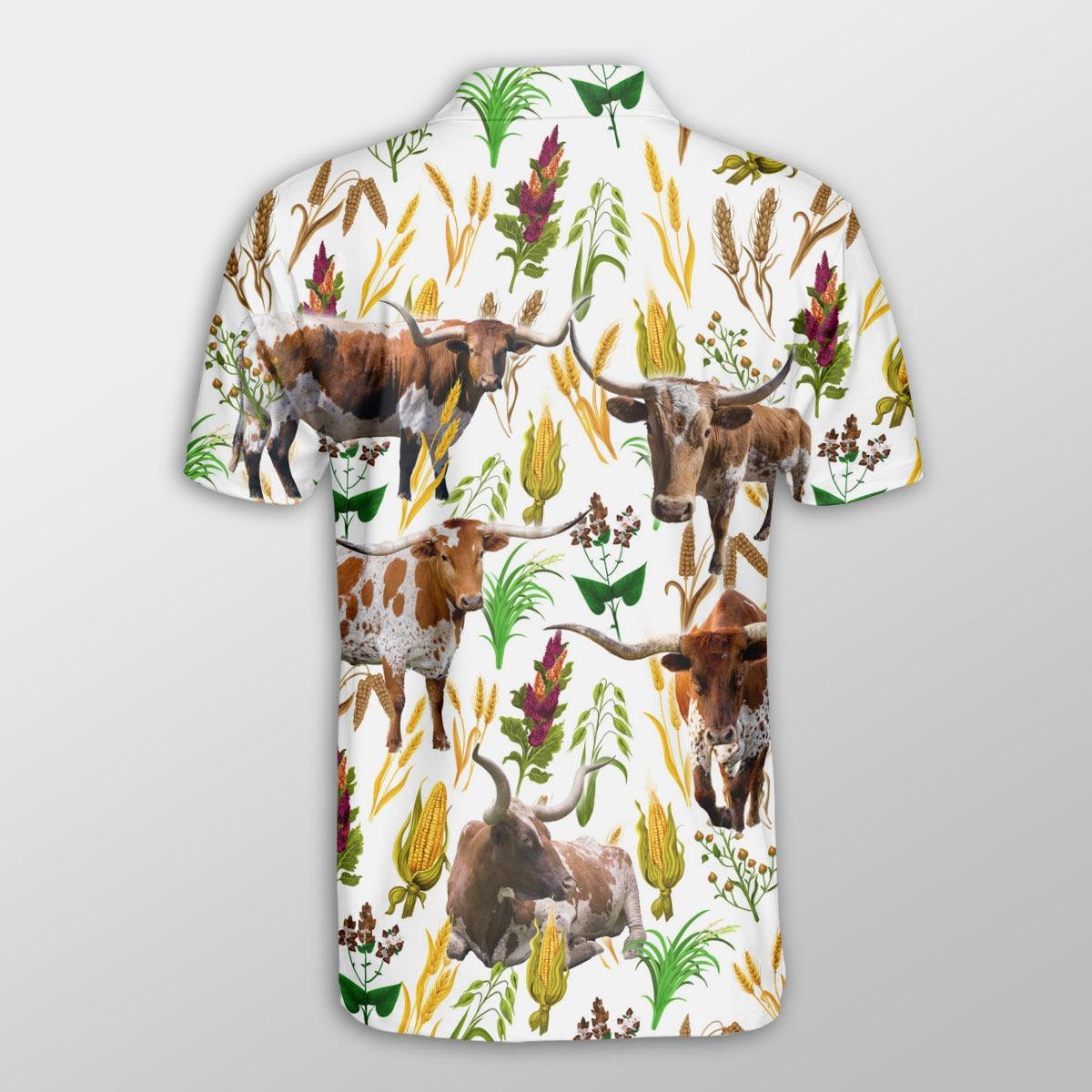 Texas Longhorn Men Polo Shirts - Texas Longhorn Farm Wheat Pattern Button Shirts For Men - Perfect Gift For Texas Longhorn Lovers, Cattle Lovers - Amzanimalsgift