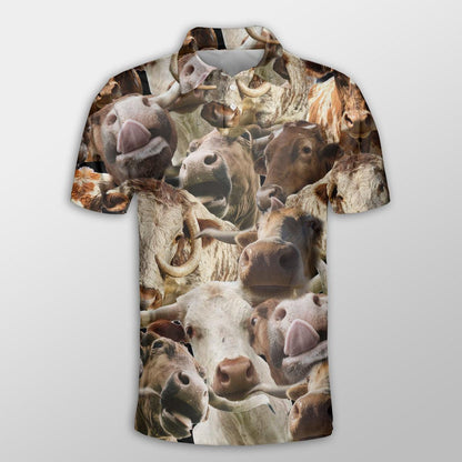 Texas Longhorn Men Polo Shirts - Texas Longhorn Herd Pattern Button Shirts For Men - Perfect Gift For Texas Longhorn Lovers, Cattle Lovers - Amzanimalsgift