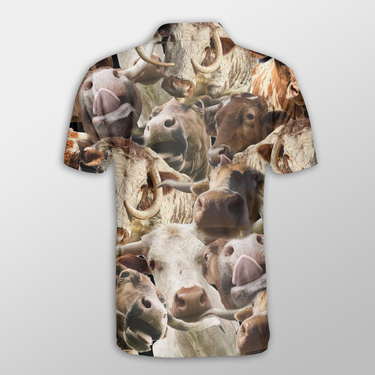 Texas Longhorn Men Polo Shirts - Texas Longhorn Herd Pattern Button Shirts For Men - Perfect Gift For Texas Longhorn Lovers, Cattle Lovers - Amzanimalsgift