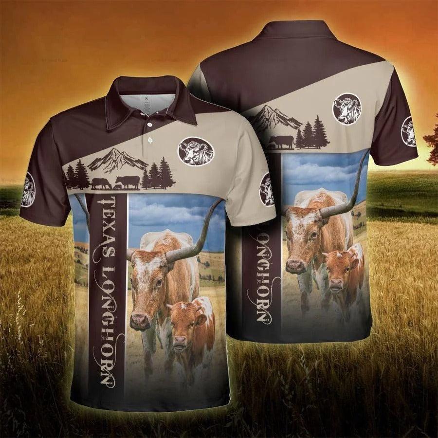 Texas Longhorn Men Polo Shirts - Texas Longhorn Proud Farmer Polo Shirts For Men - Perfect Gift For Texas Longhorn Lovers, Cattle Lovers, Farmers - Amzanimalsgift