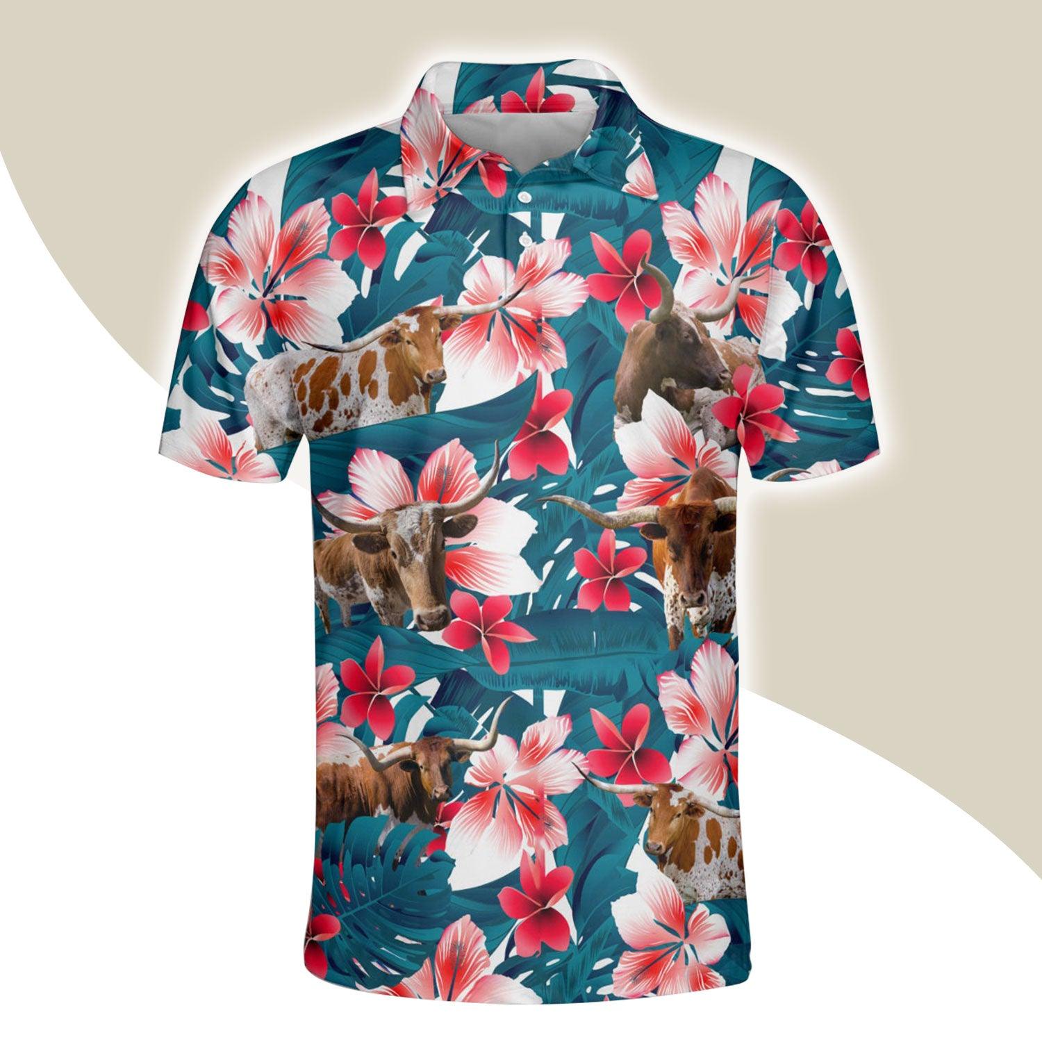 Texas Longhorn Men Polo Shirts - Texas Longhorn Tropical Floral Pattern Farm Lovers Button Shirts For Men - Perfect Gift For Texas Longhorn Lovers - Amzanimalsgift