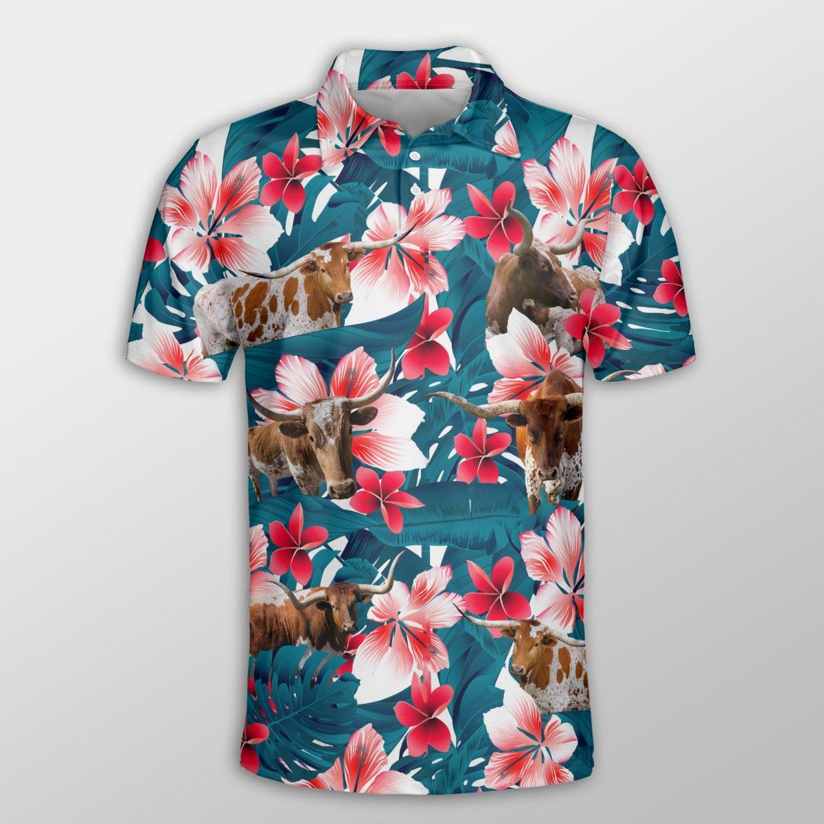 Texas Longhorn Men Polo Shirts - Texas Longhorn Tropical Floral Pattern Farm Lovers Button Shirts For Men - Perfect Gift For Texas Longhorn Lovers - Amzanimalsgift