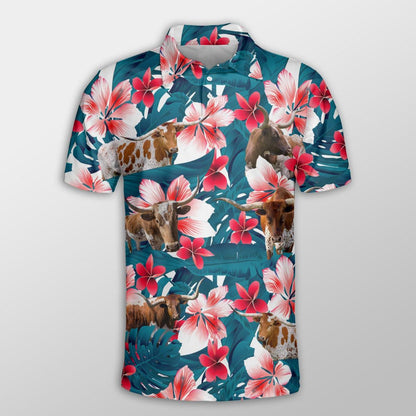 Texas Longhorn Men Polo Shirts - Texas Longhorn Tropical Floral Pattern Farm Lovers Button Shirts For Men - Perfect Gift For Texas Longhorn Lovers - Amzanimalsgift