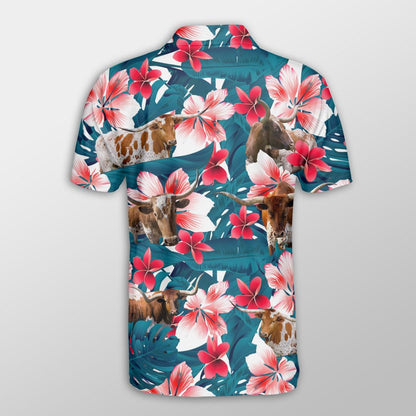 Texas Longhorn Men Polo Shirts - Texas Longhorn Tropical Floral Pattern Farm Lovers Button Shirts For Men - Perfect Gift For Texas Longhorn Lovers - Amzanimalsgift