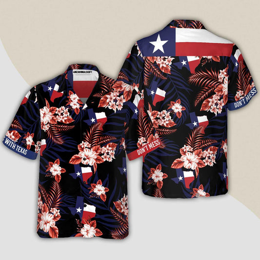 Texas State Flag Hawaiian Shirt, Texas State Flag Tropical Black Version Hawaiian Shirt, Bluebonnet Don't Mess with Texas Aloha Shirt - Gift For Men Women - Amzanimalsgift