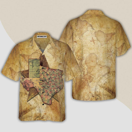 Texas State Map And Compass Pattern Hawaiian Shirt, Insignia State Of Texas, Colorful Summer Personalized Aloha Shirt For Men Women - Amzanimalsgift