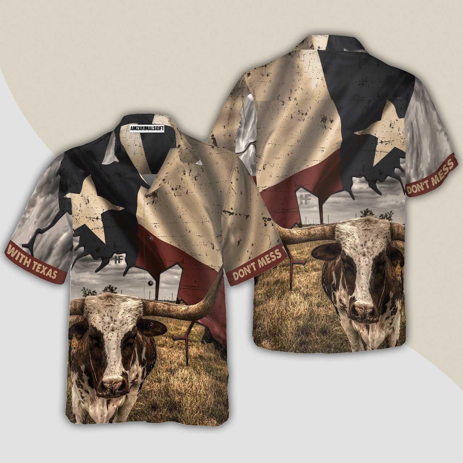 Texas State Map Pattern Texas Flag Hawaiian Shirt, Don't Mess With Texas Longhorns, Summer Aloha Shirt Perfect Gift For Men Women - Amzanimalsgift