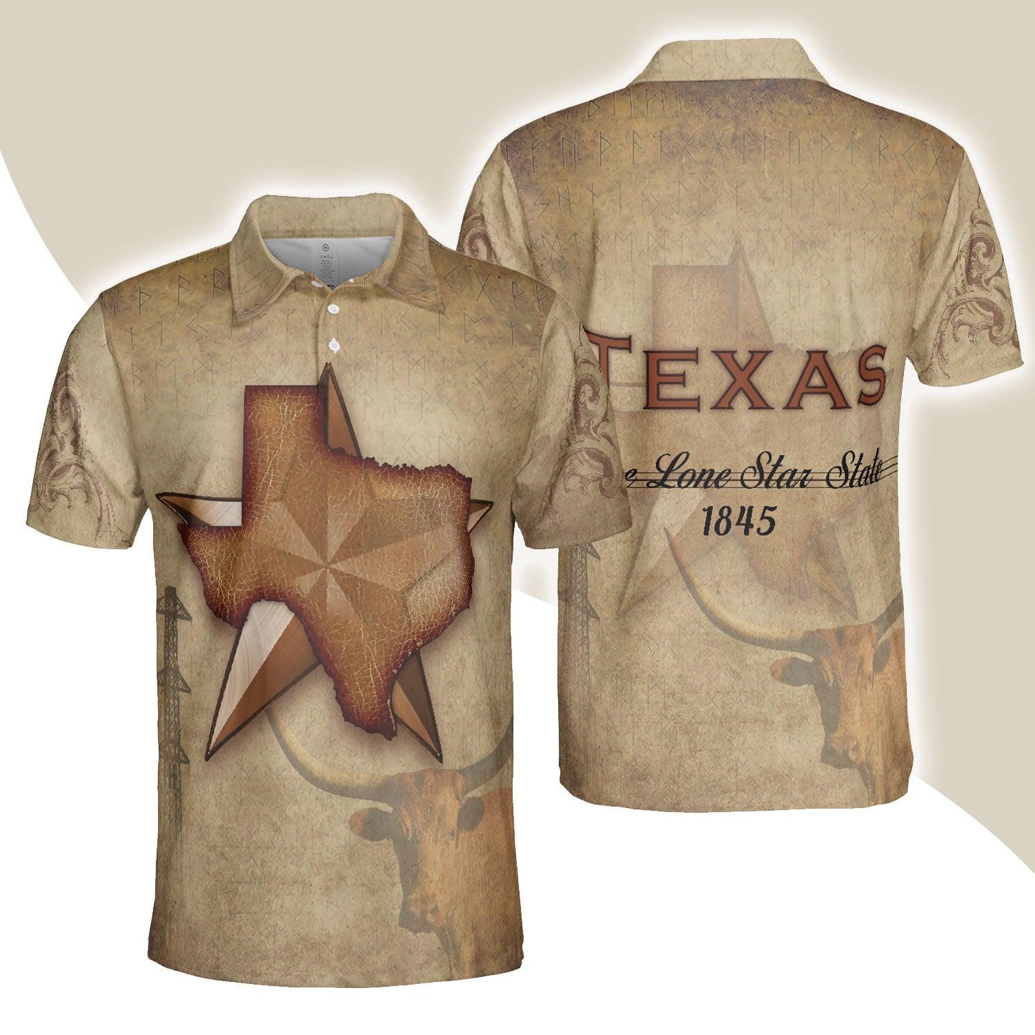 Texas The Lone Star State Polo Shirt, Texas State Map Longhorn Polo Shirt, Texas Proud Shirt - Perfect Gift For Men - Amzanimalsgift