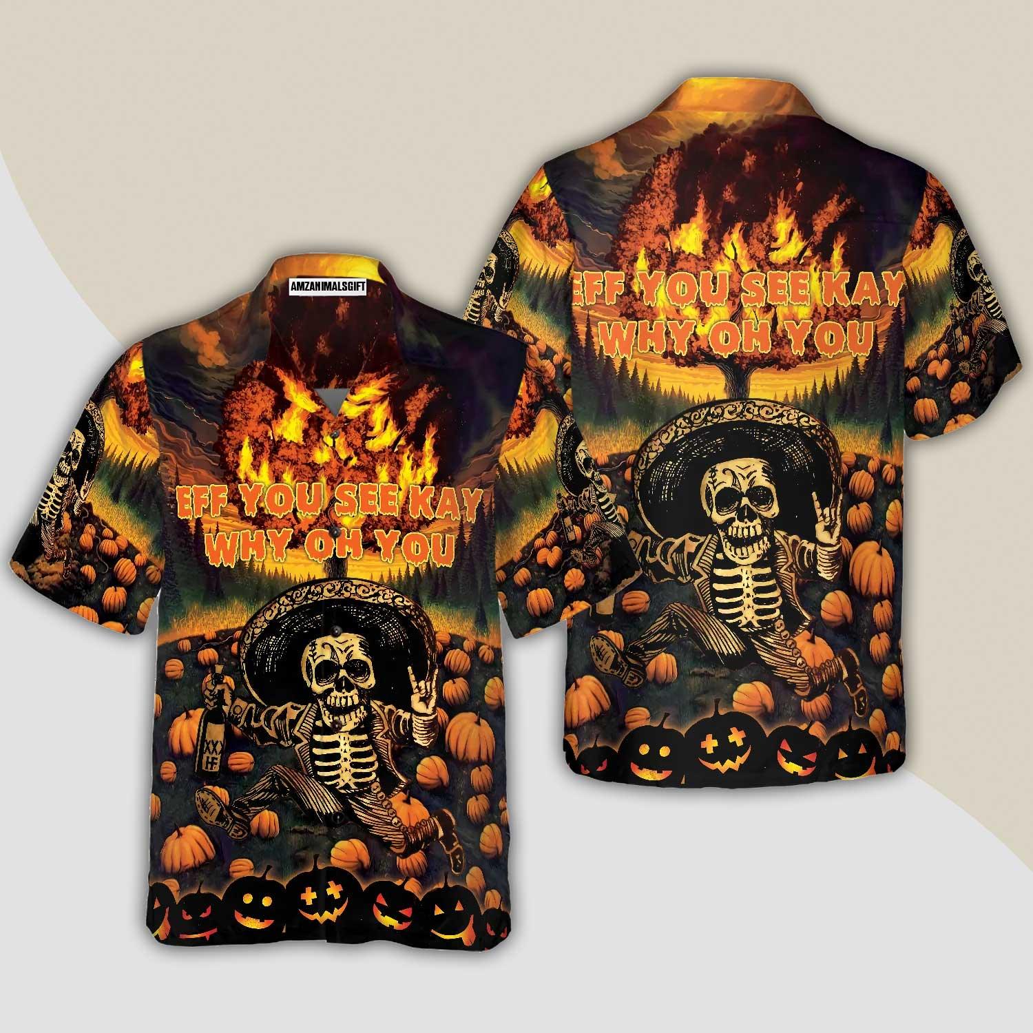 The Burning Pumpkin Sky & Skeleton Halloween Hawaiian Shirt, Halloween Shirt For Men And Women - Perfect Gift For Lover, Friend, Family - Amzanimalsgift