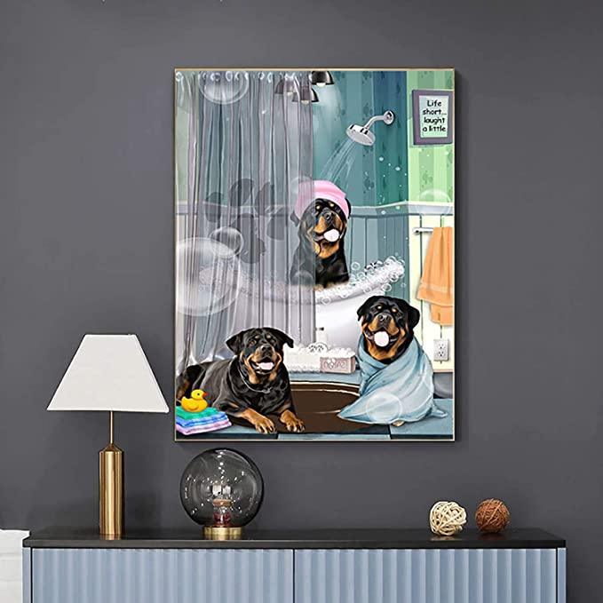 Three Cute Dogs Rottweiler in Bathtub Bathroom - Matte Canvas, Wall Decor Visual Art - Perfect Gift For Rottweile Dog Owner, Breeder Or Dog Groomer Who Loves This Breed - Amzanimalsgift