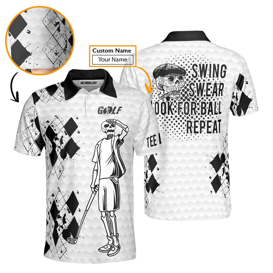 Custom Golf Men Polo Shirt - Custom Name Black White Golf Skull Apparel, Swing Swear Look For Ball Repeat  Polo Shirt - Perfect Polo Shirt For Men