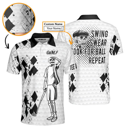 Custom Golf Long Sleeve Men Polo Shirt- Custom Name Black White Golf Skull Apparel, Swing Swear Look For Ball Repeat Men Polo Shirt