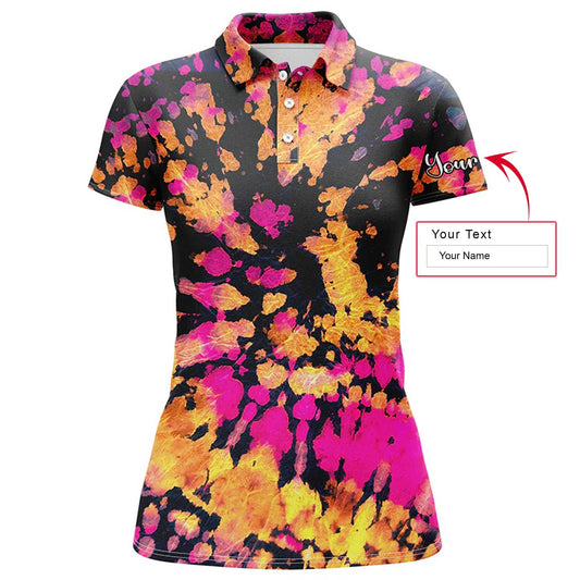 Tie Dye Pattern Custom Name Women Polo Shirt, Yellow, Pink, Black Tie Dye Pattern Personalized Women Polo Shirts, Perfect Gift For Ladies, Women - Amzanimalsgift