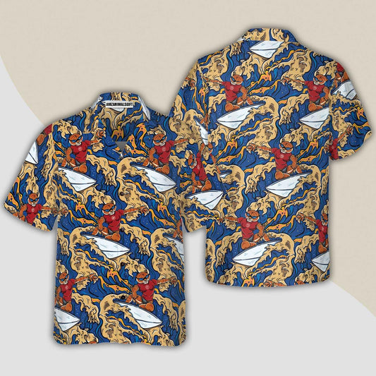 Tiger Hawaiian Shirt, Tiger Surfer Roaring Waters Aloha Shirt For Men - Perfect Gift For Husband, Boyfriend, Friend, Family - Amzanimalsgift