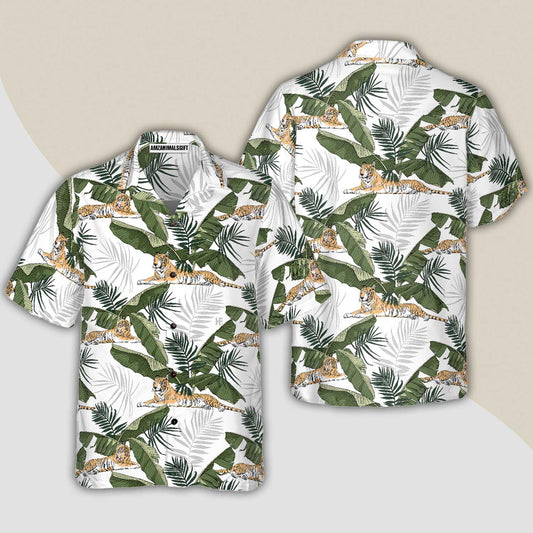 Tiger Hawaiian Shirt, Tropical Leaves, Tropical Tiger Aloha Shirt For Men - Perfect Gift For Husband, Boyfriend, Friend, Family - Amzanimalsgift
