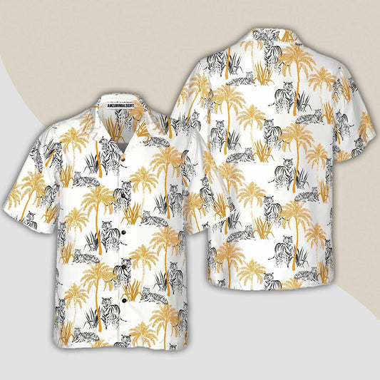 Tigers Hawaiian Shirt, Tropical Palm Tree Aloha Shirt For Men - Perfect Gift For Tiger Lovers, Husband, Boyfriend, Friend, Family - Amzanimalsgift