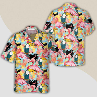 Toucans And Flamingos Exotic Floral Aloha Hawaiian Shirt For Summer, Cool Tropical Hawaiian Shirt For Men Women Adults, Best Gift For Friend, Family - Amzanimalsgift