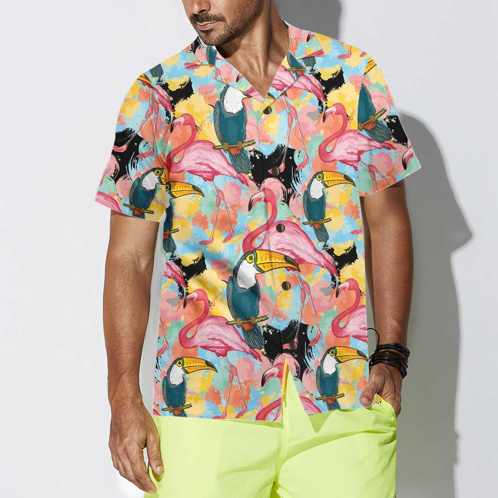 Toucans And Flamingos Exotic Floral Aloha Hawaiian Shirt For Summer, Cool Tropical Hawaiian Shirt For Men Women Adults, Best Gift For Friend, Family - Amzanimalsgift