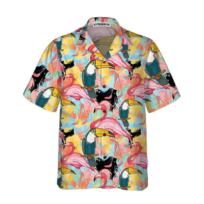 Toucans And Flamingos Exotic Floral Aloha Hawaiian Shirt For Summer, Cool Tropical Hawaiian Shirt For Men Women Adults, Best Gift For Friend, Family - Amzanimalsgift