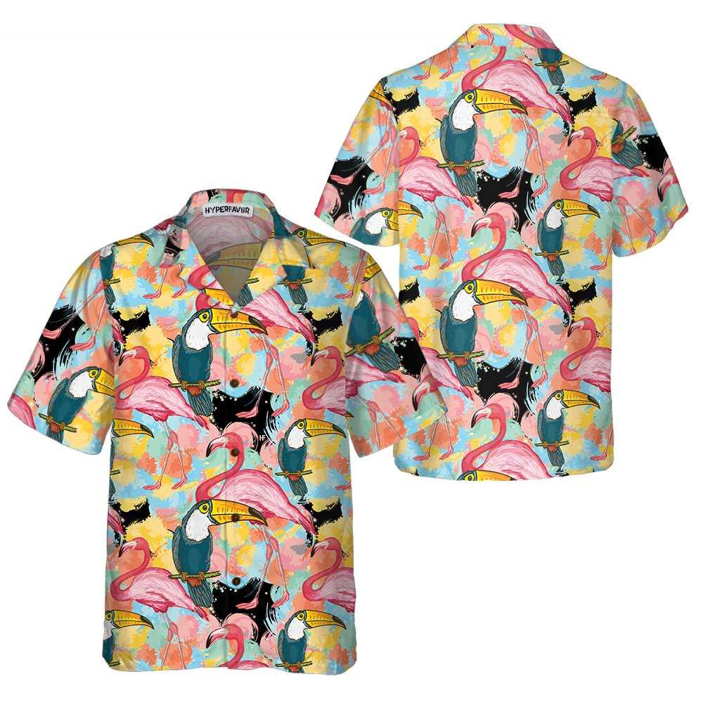 Toucans And Flamingos Exotic Floral Aloha Hawaiian Shirt For Summer, Cool Tropical Hawaiian Shirt For Men Women Adults, Best Gift For Friend, Family - Amzanimalsgift