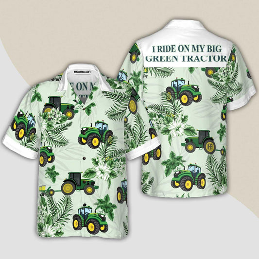 Tractor Hawaiian Shirt, Cool Green Tractor, White Tropical Floral Aloha Shirt For Men - Perfect Gift Men, Friend, Husband, Boyfriend, Family - Amzanimalsgift