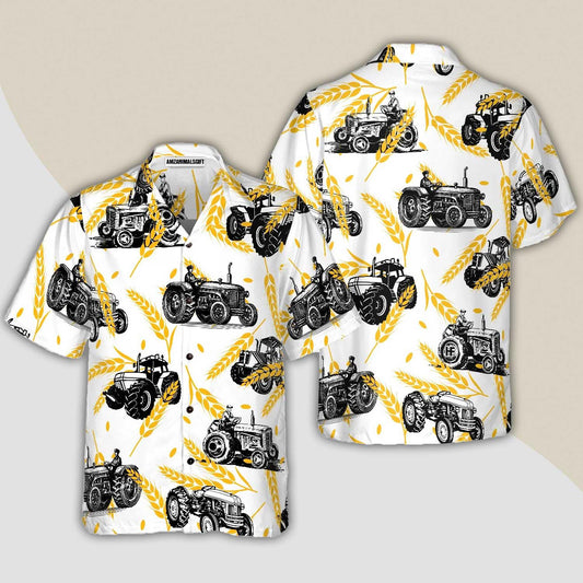 Tractor Hawaiian Shirt, Tractors On Wheat Pattern Aloha Shirt For Men - Perfect Gift For Tractor, Husband, Boyfriend, Family, Friends - Amzanimalsgift