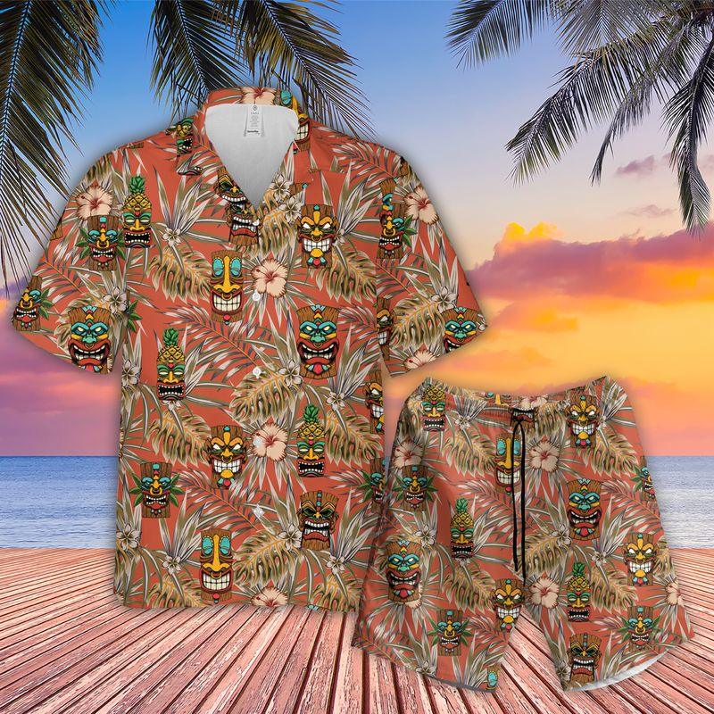 Tribal Mask Aloha Hawaiian Shirts For Summer, Monstera Palm Tropical Hawaiian Set Holiday Outfit For Men Women, Gift For Friend, Native Lovers, Family - Amzanimalsgift