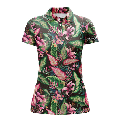 Tropical Custom Name Women Polo Shirt, Floral Pattern With Tropical Leaves Personalized Women Polo Shirts, Perfect Gift For Ladies, Women - Amzanimalsgift