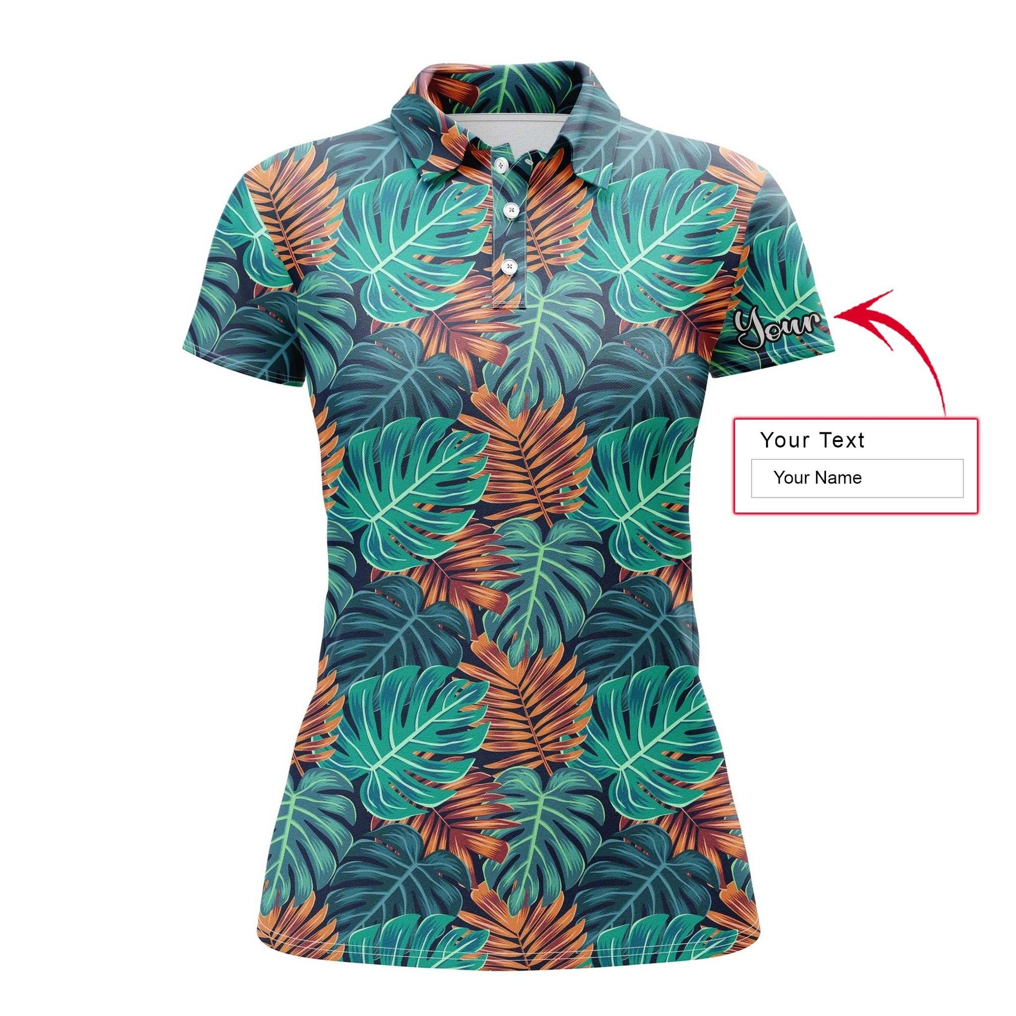 Tropical Custom Name Women Polo Shirt, Monstera Palm Leaves Nature Tropical Pattern Personalized Women Polo Shirts, Gift For Ladies, Women - Amzanimalsgift