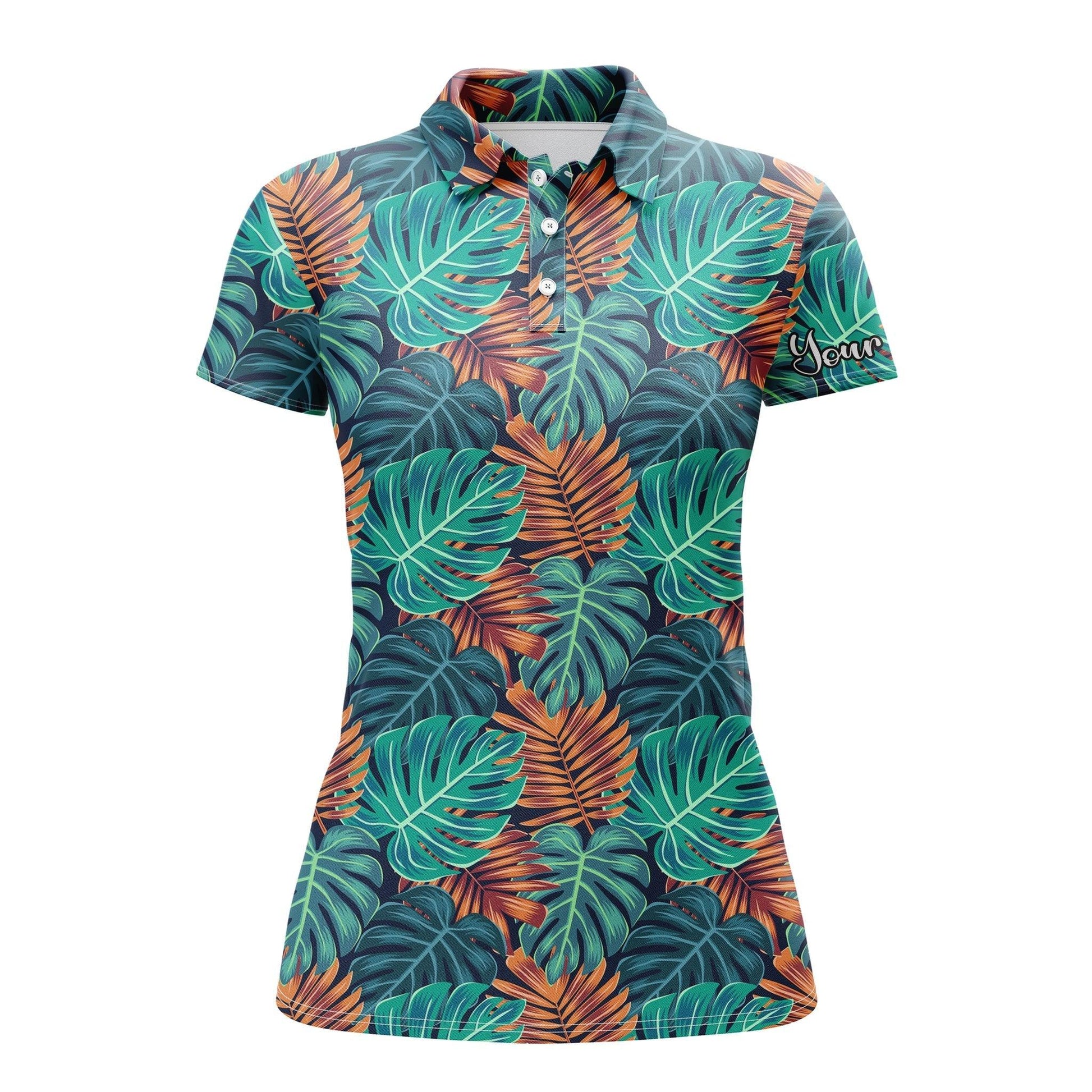 Tropical Custom Name Women Polo Shirt, Monstera Palm Leaves Nature Tropical Pattern Personalized Women Polo Shirts, Gift For Ladies, Women - Amzanimalsgift