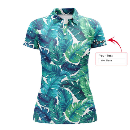 Tropical Custom Name Women Polo Shirt, Turquoise And Green Tropical Leaves Personalized Women Polo Shirts, Gift For Ladies, Women - Amzanimalsgift