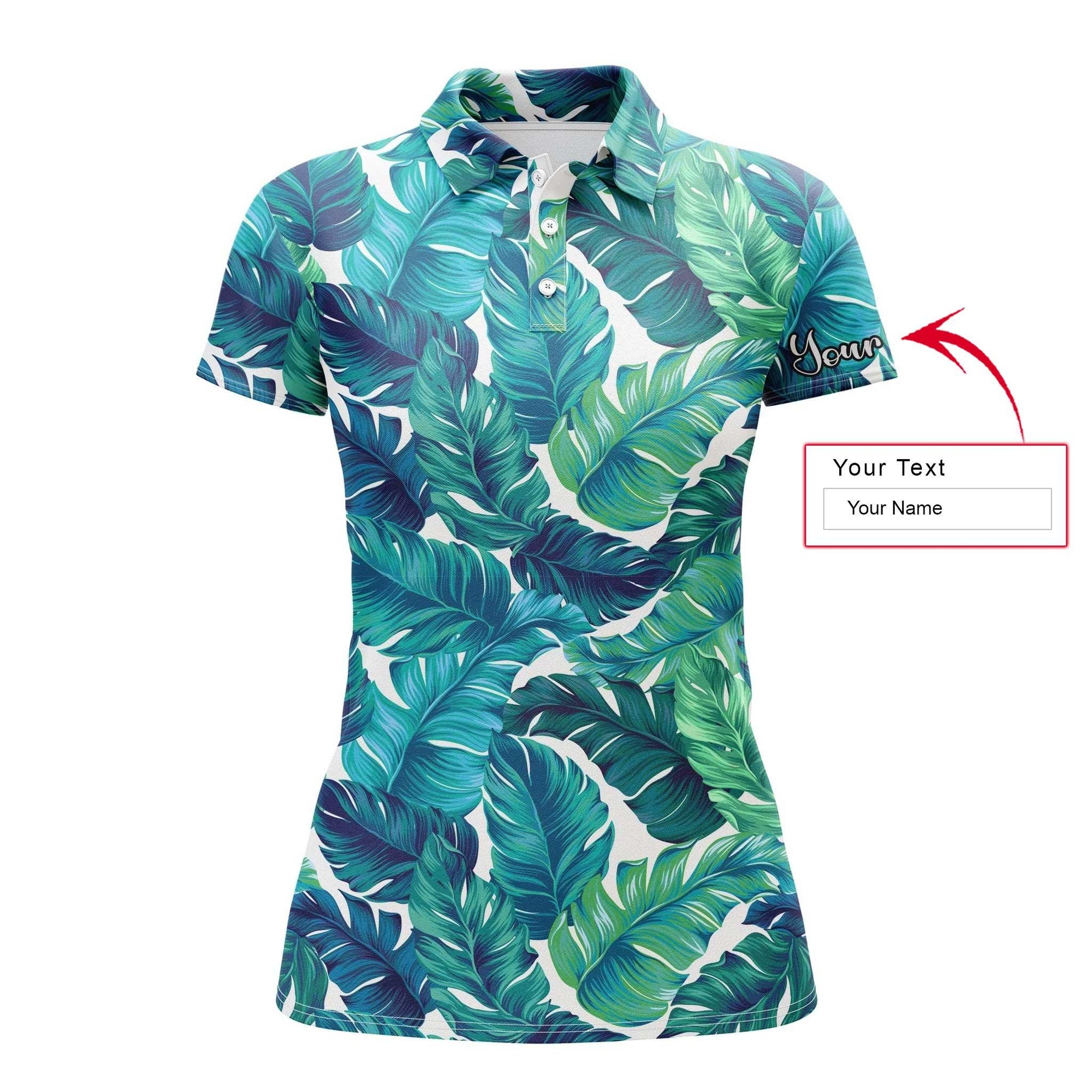 Tropical Custom Name Women Polo Shirt, Turquoise And Green Tropical Leaves Personalized Women Polo Shirts, Gift For Ladies, Women - Amzanimalsgift