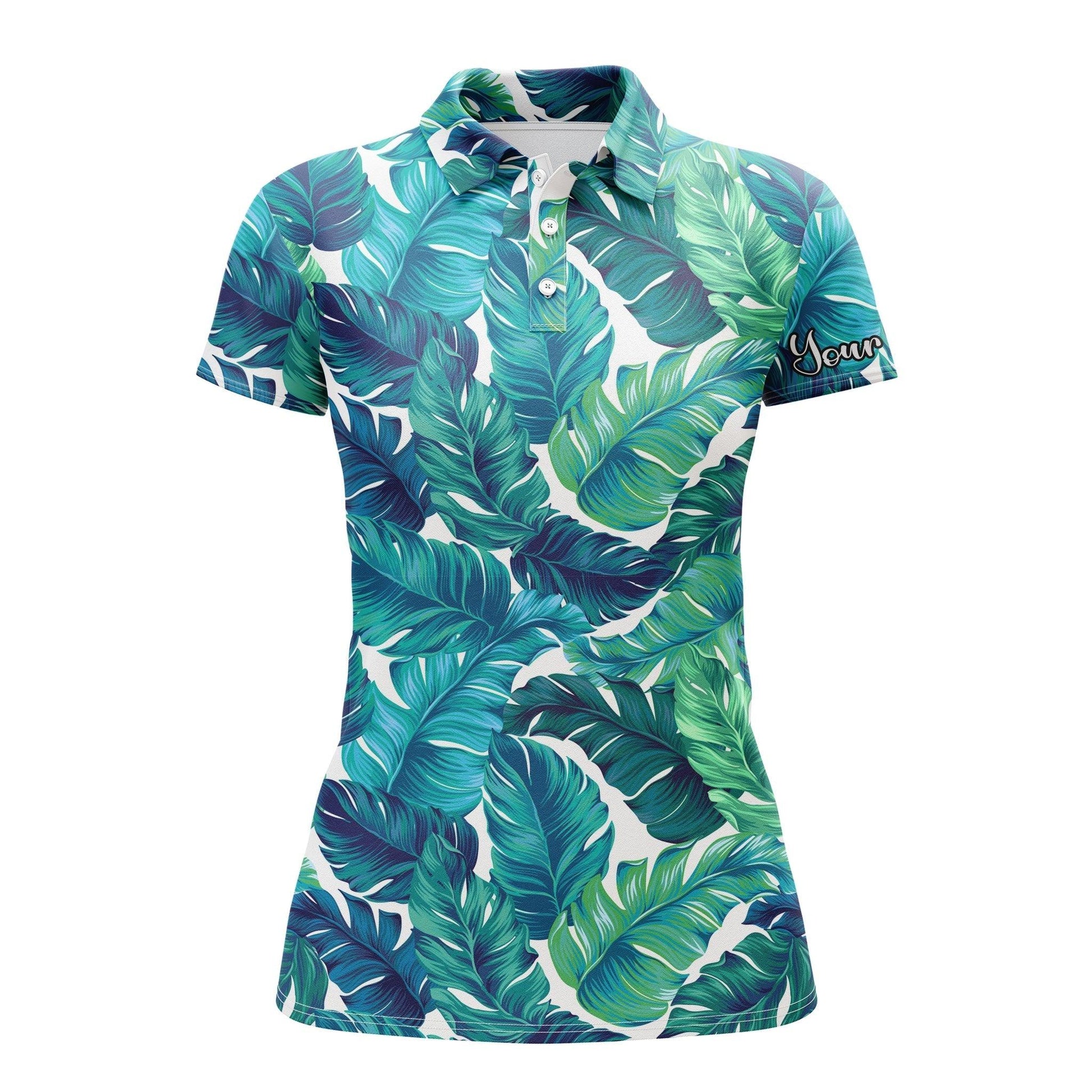 Tropical Custom Name Women Polo Shirt, Turquoise And Green Tropical Leaves Personalized Women Polo Shirts, Gift For Ladies, Women - Amzanimalsgift