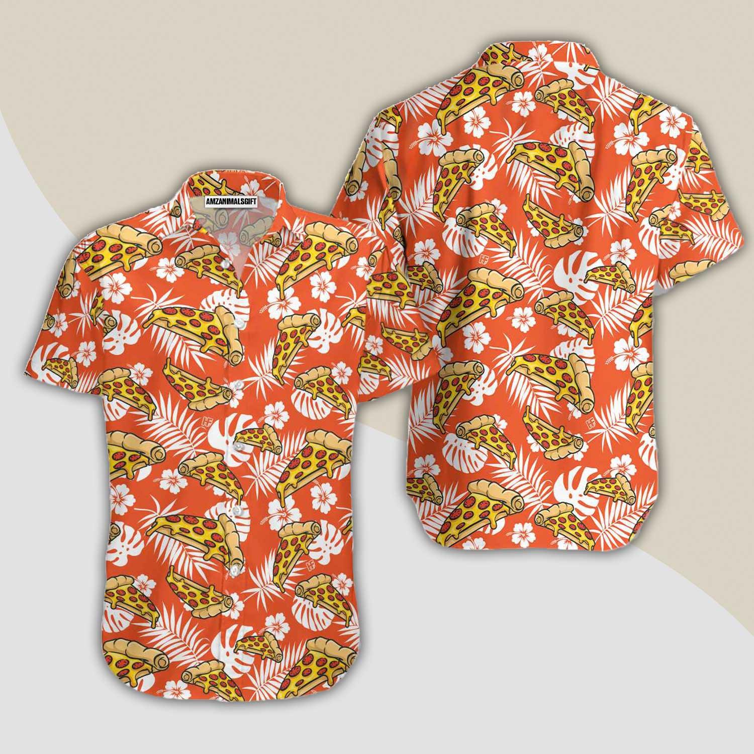 Tropical Pizza Pattern Orange Hawaiian Shirt, Colorful Summer Aloha Shirt For Men Women, Perfect Gift For Friend, Team, Pizza Lovers - Amzanimalsgift