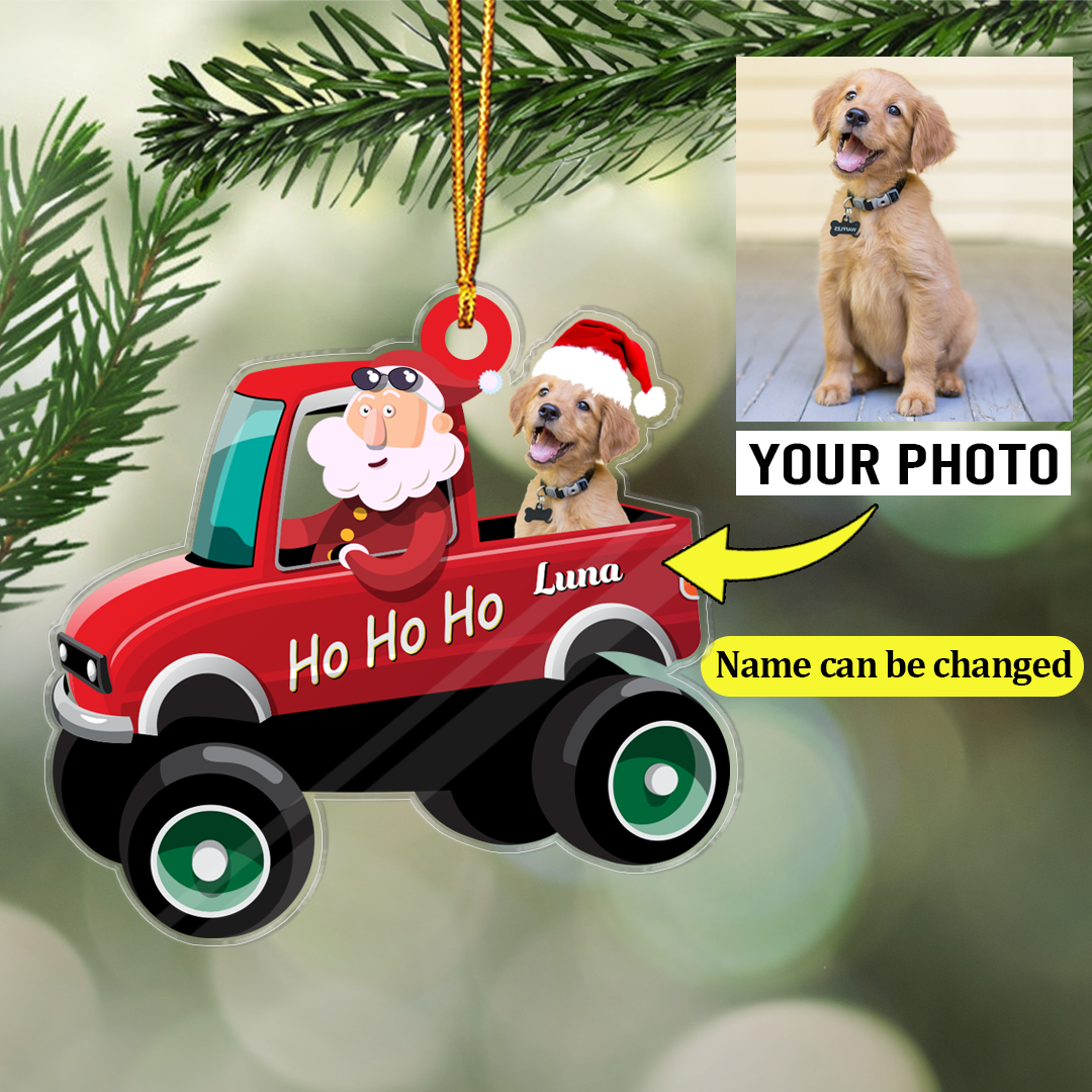 Dog And Santa On Truck Christmas Ornament Customized Name And Photo Custom Shape Acrylic Ornaments for Dog Lover