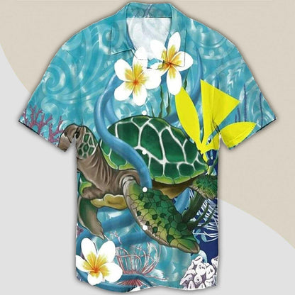 Turtle Aloha Hawaiian Shirt - Sea Turtle Bottom of the sea Hawaiian Shirt, Plumeria Flowers Hawaiian Shirt For Men & Women, Turtle Lover - Amzanimalsgift