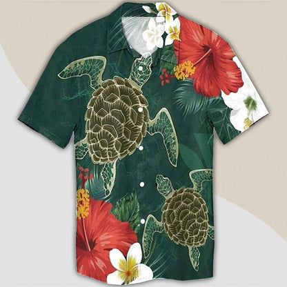 Turtle Aloha Hawaiian Shirt - Sea Turtle Pattern Hawaiian Shirt, Red Hibiscus Hawaiian Shirt For Men & Women, Turtle Lover - Amzanimalsgift