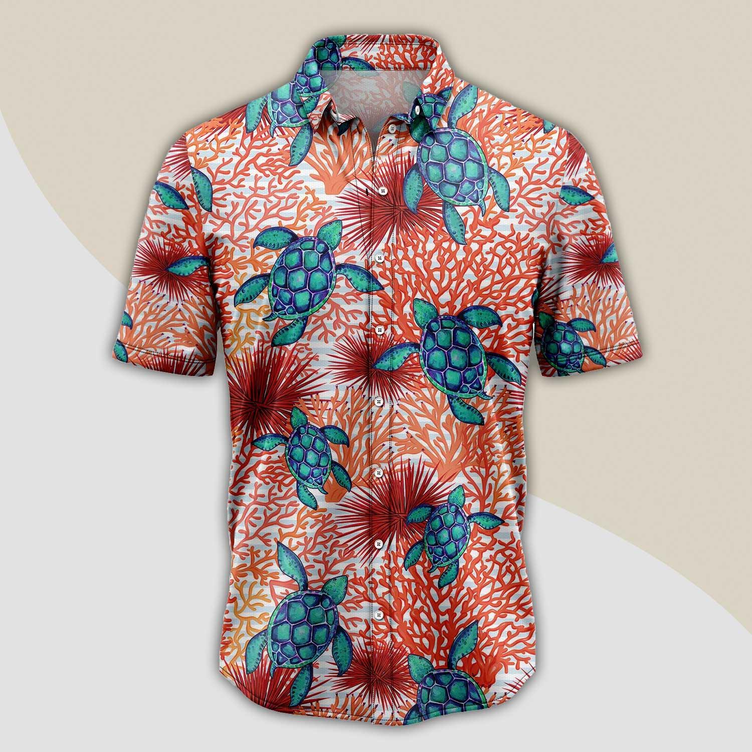 Turtle Coral Hawaiian Shirt, Sea Turtle Coral Aloha Shirt For Men Women - Perfect Gift For Turtle Lovers, Husband, Boyfriend, Friend, Family, Wife - Amzanimalsgift