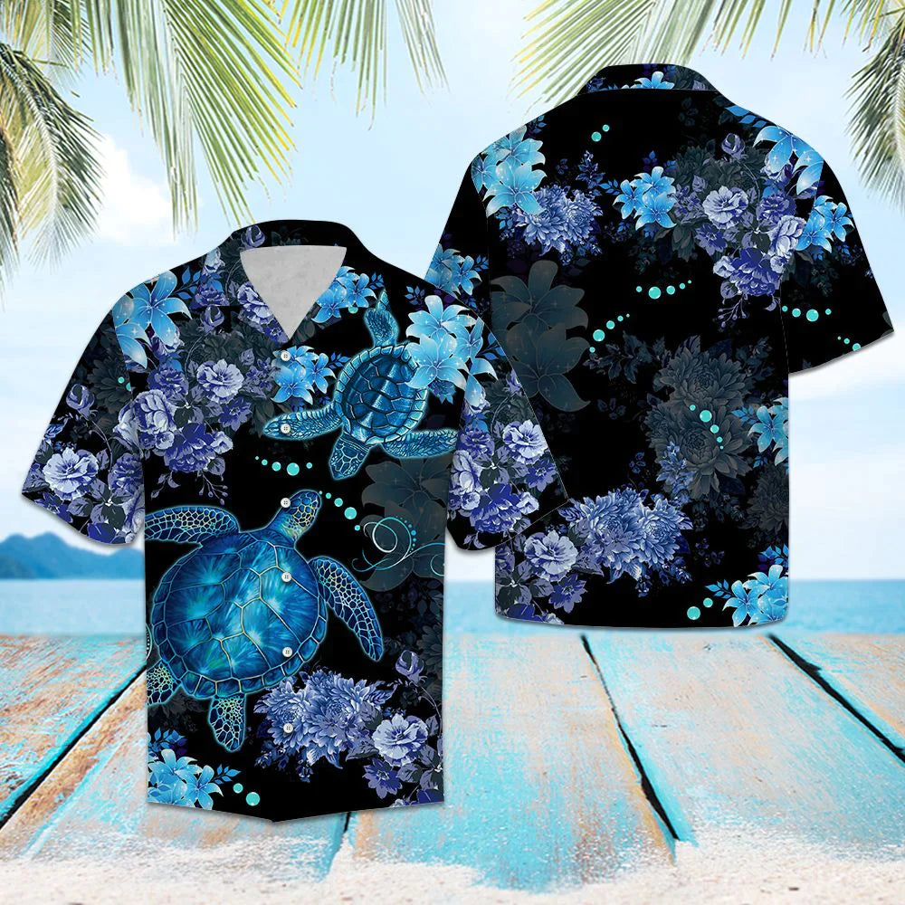 Turtle Hawaiian Shirt, Blue Sea Turtle Flower Aloha Shirt For Men Women - Perfect Gift For Turtle Lovers, Husband, Boyfriend, Friend, Family, Wife - Amzanimalsgift