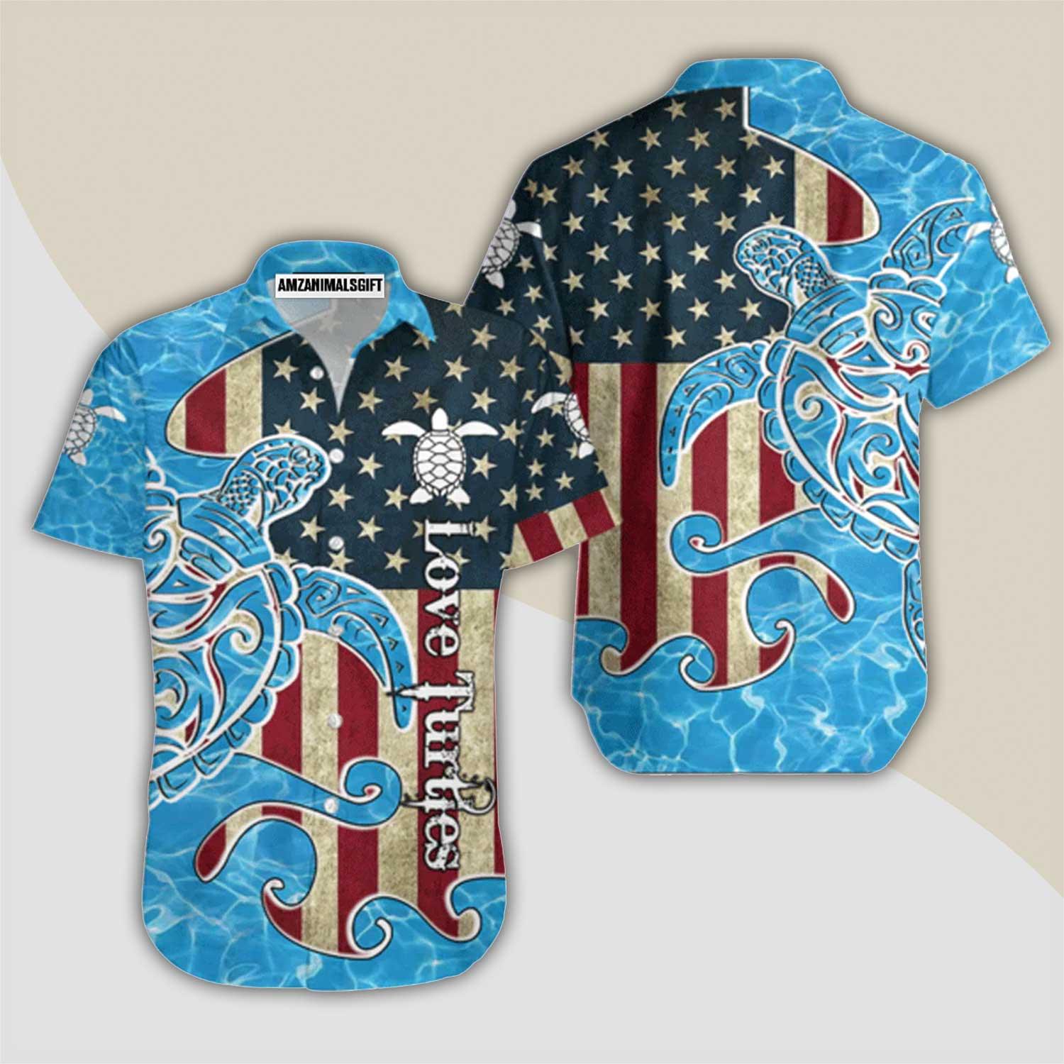 Turtles American Flag Love Turtle Aloha Hawaiian Shirts For Men Women, 4th Of July Gift For Summer, Friend, Family, Independence Day, Turtle Lovers - Amzanimalsgift