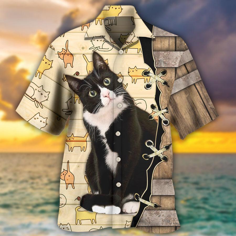 Tuxedo Cat Bicolor Cat Aloha Hawaiian Shirt For Summer, Best Colorful Cool Cat Hawaiian Shirts Outfit For Men Women, Friend, Team, Cat Lover - Amzanimalsgift