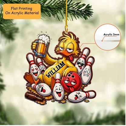 Personalized Bowling Christmas Ornament, Duckie Drunk Beer With Bowling, Custom Ornament Christmas Gift, Keychain Bowling, Car Ornament Bowling