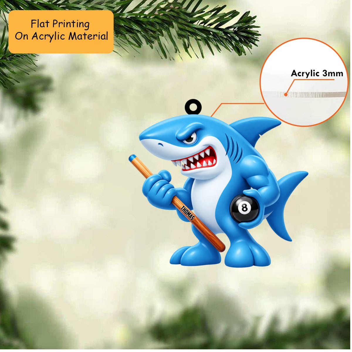 Personalized Pool Shark Christmas Ornament, Muscular Shark Holding Cue And 8 Ball, Custom Ornament Christmas Gift, Keychain Billiards, Car Ornament Billiards